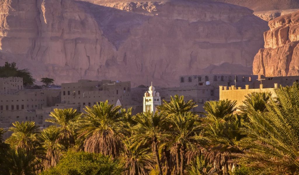 The Art of Drawing Readers In: Your attractive post title goes here Capture of palm trees and traditional buildings in Yemen against a rocky cliff backdrop.